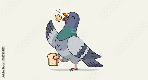 Happy pigeon cartoon character eating bread holding toast flat vector illustration on white background for cheerful design projects
