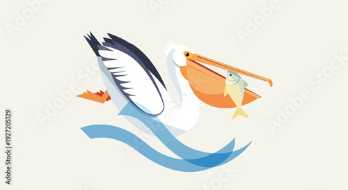 Vector flat illustration of a pelican catching a fish; graphic design icon with orange beak blue waves and white feathers