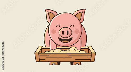 Cute happy pink pig eating from wooden trough; cartoon vector flat illustration of farm animal enjoying meal on beige background