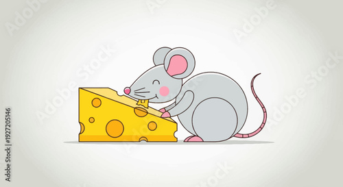 Cute gray mouse enjoying a chunk of Swiss cheese vector illustration in a flat design style ideal for children's themes and fun designs
