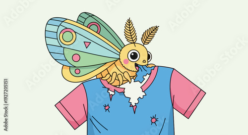 Cartoon moth with colorful wings eating a torn t-shirt vector illustration; cute insect pest destroying clothes in flat style
