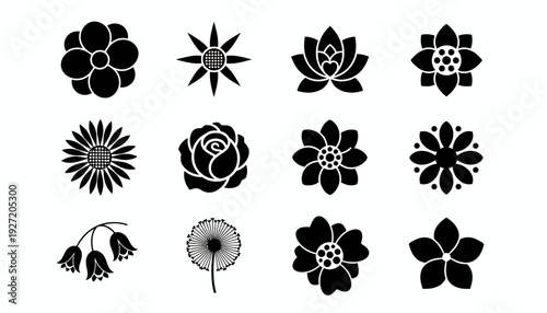 Silhouette Flower Vector Illustration Grid | Black Floral Icons Collection | Decorative Botanical Shapes | Unique Petal Arrangements | Creative Vector Artwork for Graphic Design