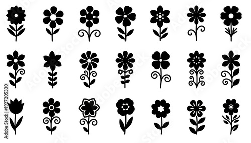 Silhouette Flower Vector Icons Collection | Black Floral Designs | Decorative Botanical Shapes | Unique Petal Arrangements | Creative Vector Artwork for Graphic Design and Patterns