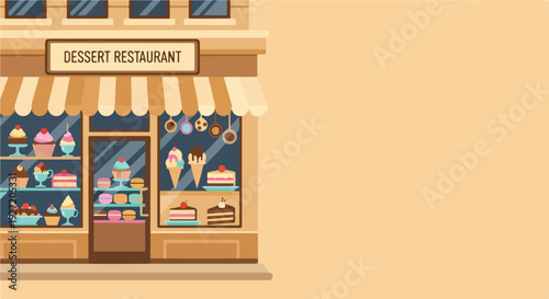 An inviting illustration of a dessert restaurant storefront with a striped awning and display windows full of colorful cakes, cupcakes, ice cream, and macarons.