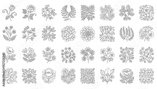 Botanical Vector Illustration Collection | Black and White Floral Grid | Stylized Plant Line Art | Decorative Flower Sketches | Educational Vector Artwork for Botanical Studies