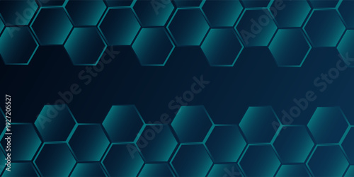 Glowing hexagon blue on dark background. Digital technology presentation design