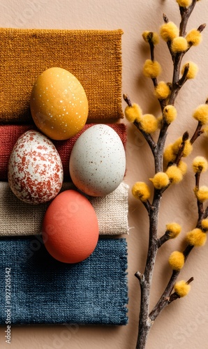 Holiday arrangement featuring colorful decorated easter eggs resting on various textured linen fabrics next to blooming pussy willow