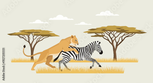 Flat vector illustration of a lion chasing a zebra across the African savanna with acacia trees and puffy white clouds