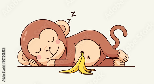 Cartoon monkey sleeping with a banana peel vector illustration in a flat style brown and beige colors rest and dreaming