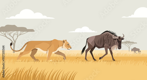 Lioness pursuing a wildebeest in a flat vector illustration of the African savanna; stylized wildlife scene tan hues and open sky
