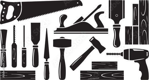 Collection of black silhouette woodworking tools including a hand plane chisels a saw a clamp a mallet a cordless drill and various pieces of timber or wood stock