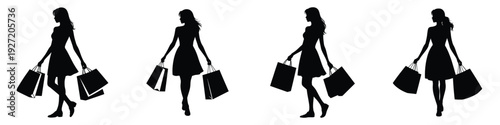 Silhouette of Woman Shopping with Bags – Elegant Female Shopper Walking in Dress, Fashion Lifestyle Concept, Black Vector Illustration of Stylish Lady Holding Shopping Bags on White Background