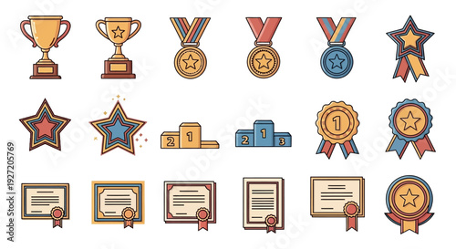 Collection of Awards Certificates and Medals Icons.