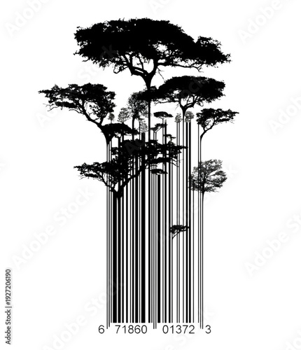 Barcode Trees Concept: Forest Silhouette Growing From Barcode Lines Symbolizing Environmental Impact And Consumerism