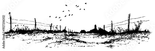 Grungy hand drawn rural landscape with wooden fence and birds flying in the sky
