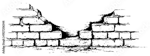 Old damaged brick wall sketch with broken section in hand drawn ink style