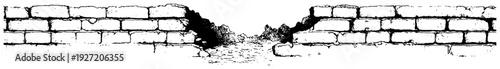 Wide panoramic drawing of a broken stone wall with a gap in the center