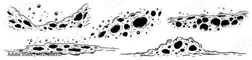 Stylized bubbling liquid and volcanic craters in hand drawn comic ink style