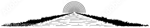 Minimalist long road perspective leading to concentric circles on the horizon in black and white sketch style