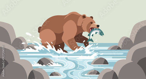 Illustration of a brown bear catching a salmon in a river with rocks flat vector style nature wildlife animal scene