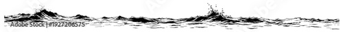 Detailed black and white ink sketch of horizontal ocean waves and water splashes