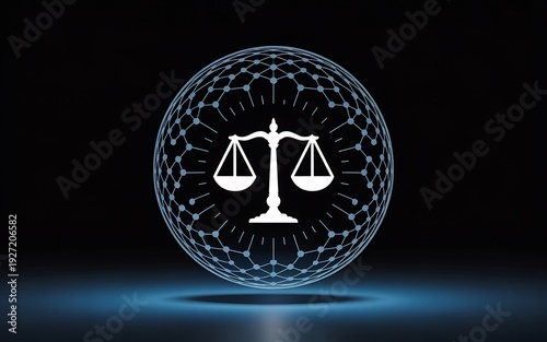 Wallpaper Mural Futuristic justice scale icon in blue glowing network sphere on dark background Torontodigital.ca