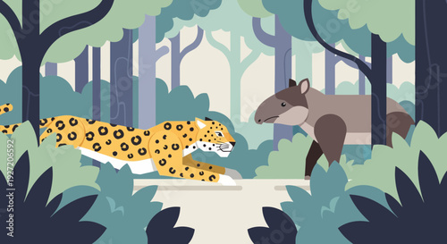 Cartoon jaguar stalking a tapir in a lush jungle setting with flat vector illustration style and vibrant muted color palette