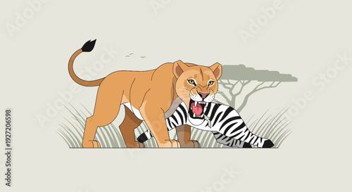 Lioness with Zebra Prey Illustration in African Savannah Flat Vector Style; wildlife animal illustration; predator versus prey scene for educational and commercial use
