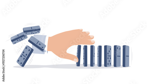 Businessman Hand Stopping Falling Dominoes to Prevent Chain Reaction. Concept of Risk Management, Crisis Intervention, Strategic Problem Solving, Business Stability, and Effective Leadership.