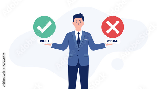 Businessman in Suit Making a Difficult Decision Between Right and Wrong Options, Weighing Moral Ethics and Professional Choices, Vector Illustration of Correct and Incorrect Paths Dilemma