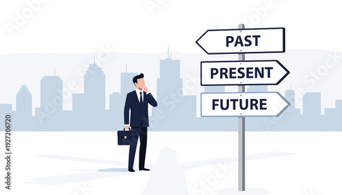 Businessman in a suit with a briefcase standing at a crossroads signpost with arrows pointing to past, present, and future, contemplating career path, life choices, and business strategy in city.