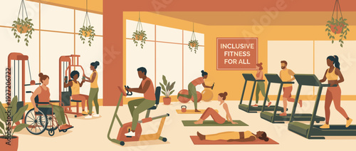 Flat vector illustration of a modern inclusive fitness center with wheelchair accessible equipment and diverse people exercising on treadmills, bikes, and yoga mats in a bright gym interior.