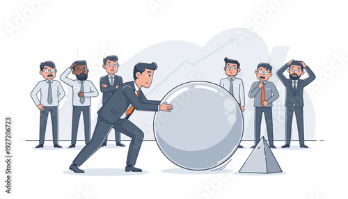 Businessman pushing a giant sphere blocked by a tiny triangle obstacle as worried colleagues look on. Concept of business challenges, small problems causing big delays, and leadership stress.
