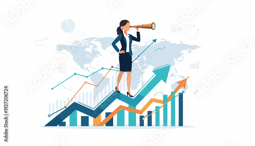 Businesswoman with telescope standing on rising growth arrow chart with world map background. Concept of market prediction, investment strategy, career vision, global opportunity, and success.