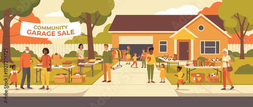 Vibrant flat vector illustration of a community garage sale event with diverse neighbors browsing tables of second-hand clothes, toys, and books in front of a suburban house on a sunny day.