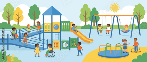 Colorful Flat Vector Illustration of a Modern Inclusive Playground with Adaptive Equipment and Diverse Children Playing Together on Accessible Swings, Slides, and Ramps in a Sunny Outdoor Park.