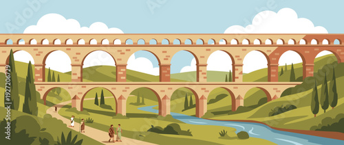 Flat Vector Illustration of a Scenic Ancient Roman Aqueduct Spanning a Lush Green Valley with a River, Historical Architecture, People in Tunics Walking on a Path, and Cypress Trees under a Blue Sky