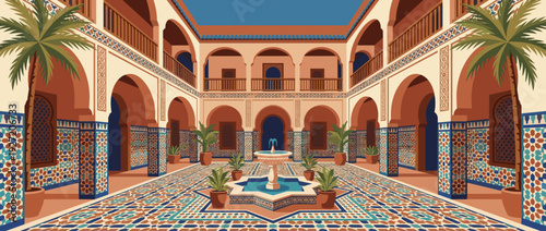 Vibrant Flat Vector Illustration of a Traditional Moroccan Riad Courtyard Featuring Intricate Mosaic Tilework, a Central Water Fountain, Arched Doorways, Palm Trees, and Potted Plants.