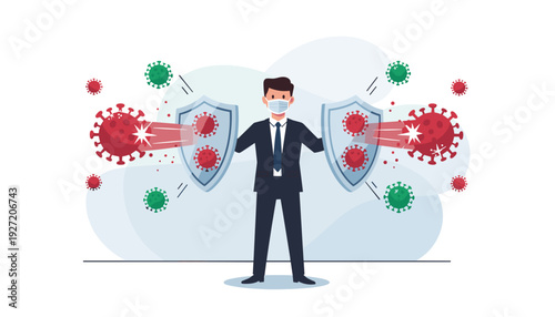 Businessman Wearing Face Mask and Holding Shields to Protect from COVID-19 Coronavirus Pathogens, Concept of Business Safety, Health Defense, Pandemic Prevention and Workplace Security Vector