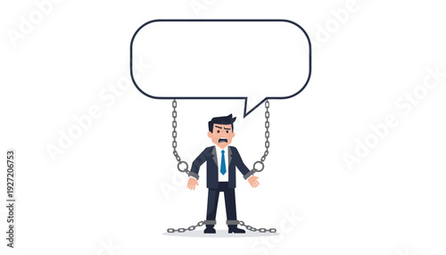 Vector Illustration of a Stressed Businessman in a Suit Chained and Shackled to a Large Empty Speech Bubble Representing Business Commitment, Responsibility, Censorship, and Communication Burden