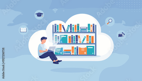 Online library and digital education concept featuring a student sitting on a cloud using a laptop next to a virtual bookshelf. E-learning, remote study, and cloud storage for academic resources.