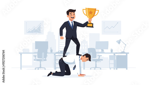 Successful businessman in suit holding a golden trophy while standing on the back of his defeated employee in an office setting, representing toxic leadership and unfair corporate competition.