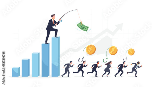 Businessman Standing on Bar Chart Fishing with Dollar Bill Bait while Corporate People Run Chasing Gold Coins on Hooks, Financial Growth and Competition Concept for Success and Profit Motivation