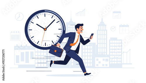 Busy Businessman in a Hurry Running to Work with a Giant Clock in the Background, Stressed Male Employee with Briefcase and Smartphone Racing Against Time in a Cityscape Vector Illustration.