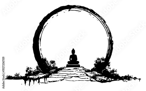 Meditating Buddha silhouette framed by a large enso circle and stone path in hand drawn ink style