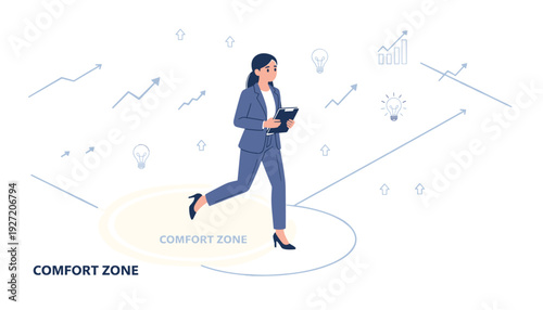 Businesswoman stepping out of comfort zone circle for career growth and success. Vector illustration of professional woman leaving safety for innovation, new ideas, and personal development.