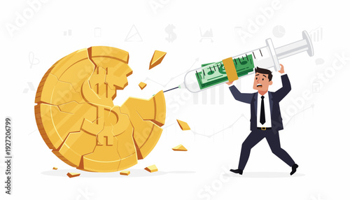 Businessman injecting cash into a cracked gold coin with a giant syringe, representing government economic stimulus, monetary policy, and financial aid during a recession or market crisis.