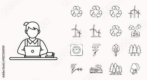 Person working on laptop, with line icons for sustainable energy, recycling, and environmental protection. Green technology and eco-friendly business.