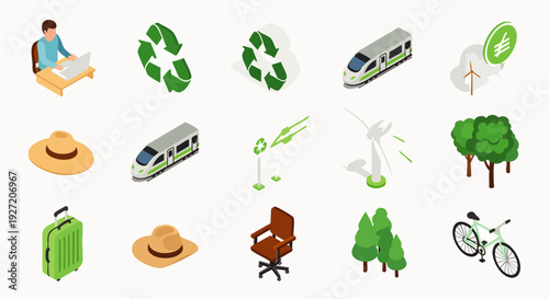 Isometric icons set for sustainable living, remote work, and eco-friendly travel. Includes green energy, recycling, nature, transport, and vacation elements.