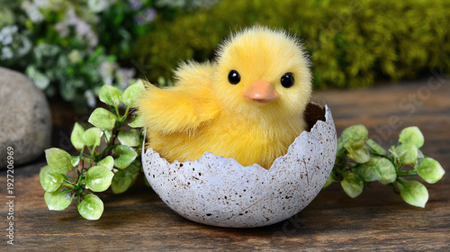 Fluffy yellow chick emerging from an eggshell with greenery around